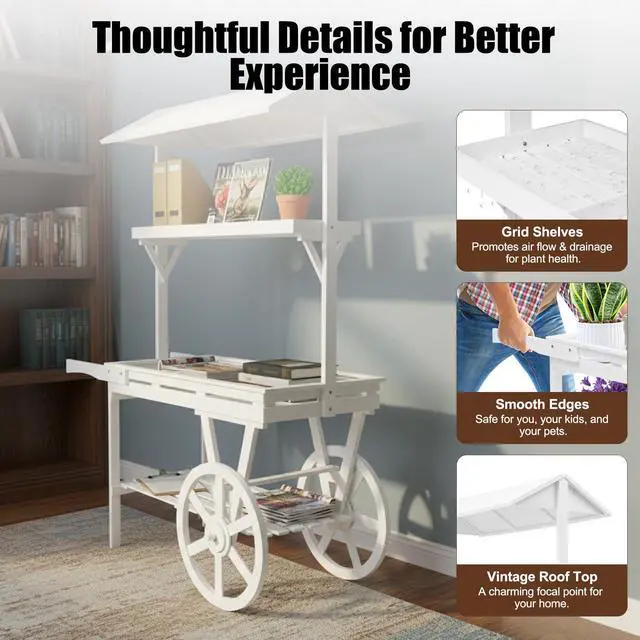 Alt view image 2 of 6 - Candy Cart Display Stand, Flower Cart Stand with Wheels, Large Country Market Wooden Rolling Table Carts for Display Flower Candy Party Favors and Crafted Items, Easy to Assemble (White2)