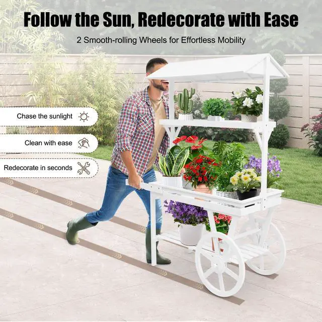 Alt view image 3 of 6 - Candy Cart Display Stand, Flower Cart Stand with Wheels, Large Country Market Wooden Rolling Table Carts for Display Flower Candy Party Favors and Crafted Items, Easy to Assemble (White2)