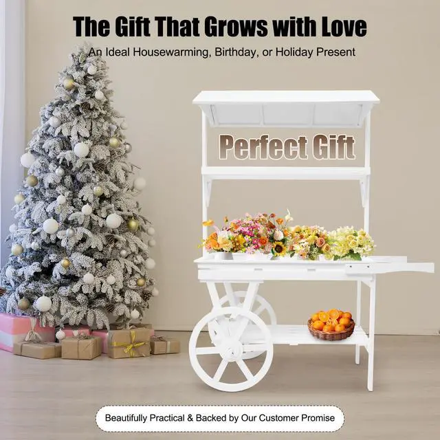 Alt view image 4 of 6 - Candy Cart Display Stand, Flower Cart Stand with Wheels, Large Country Market Wooden Rolling Table Carts for Display Flower Candy Party Favors and Crafted Items, Easy to Assemble (White2)