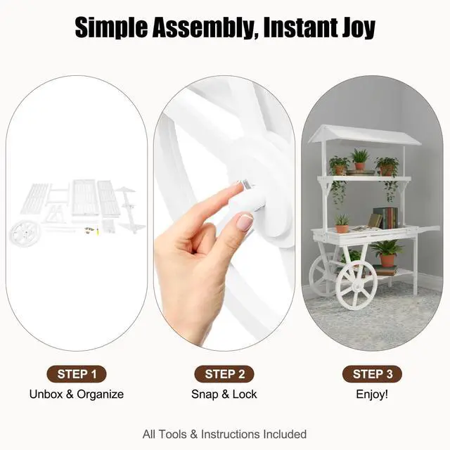 Alt view image 5 of 6 - Candy Cart Display Stand, Flower Cart Stand with Wheels, Large Country Market Wooden Rolling Table Carts for Display Flower Candy Party Favors and Crafted Items, Easy to Assemble (White2)