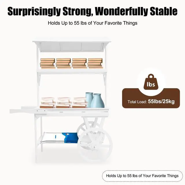 Alt view image 6 of 6 - Candy Cart Display Stand, Flower Cart Stand with Wheels, Large Country Market Wooden Rolling Table Carts for Display Flower Candy Party Favors and Crafted Items, Easy to Assemble (White2)