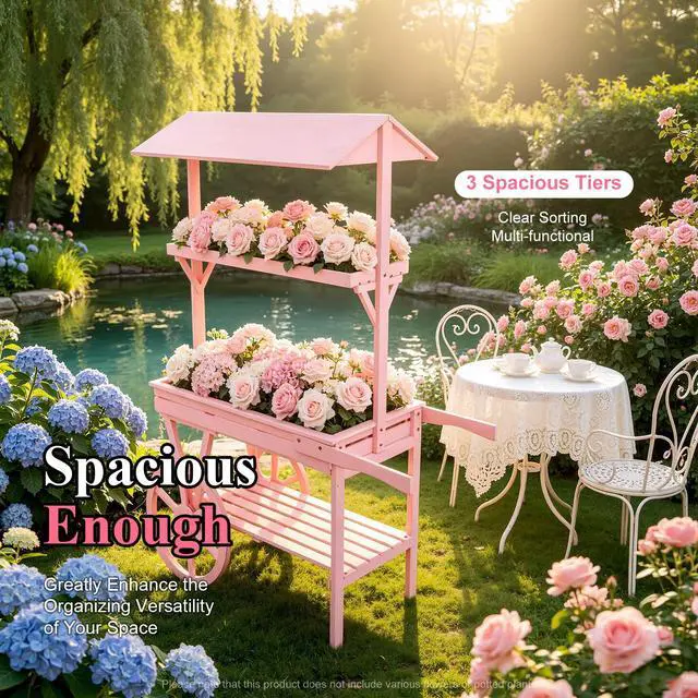 Alt view image 2 of 6 - Candy Cart Display Stand, Flower Cart Stand with Wheels, Large Country Market Wooden Rolling Table Carts for Display Flower Candy Party Favors and Crafted Items, Easy to Assemble (Pink)
