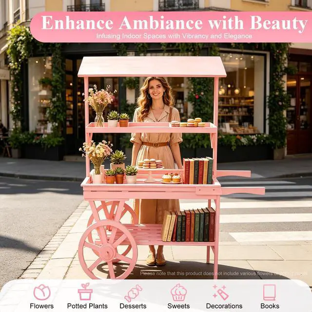 Alt view image 3 of 6 - Candy Cart Display Stand, Flower Cart Stand with Wheels, Large Country Market Wooden Rolling Table Carts for Display Flower Candy Party Favors and Crafted Items, Easy to Assemble (Pink)