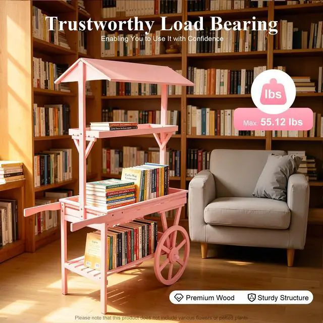 Alt view image 4 of 6 - Candy Cart Display Stand, Flower Cart Stand with Wheels, Large Country Market Wooden Rolling Table Carts for Display Flower Candy Party Favors and Crafted Items, Easy to Assemble (Pink)