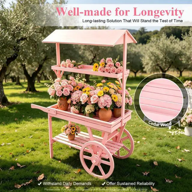 Alt view image 5 of 6 - Candy Cart Display Stand, Flower Cart Stand with Wheels, Large Country Market Wooden Rolling Table Carts for Display Flower Candy Party Favors and Crafted Items, Easy to Assemble (Pink)