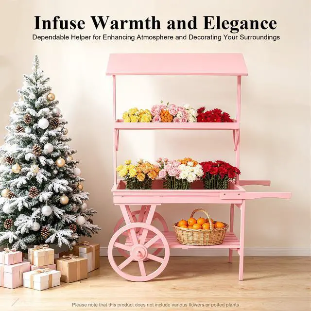 Alt view image 6 of 6 - Candy Cart Display Stand, Flower Cart Stand with Wheels, Large Country Market Wooden Rolling Table Carts for Display Flower Candy Party Favors and Crafted Items, Easy to Assemble (Pink)