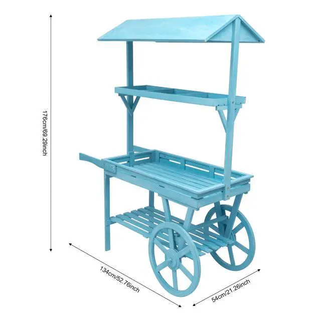 Alt view image 2 of 6 - Candy Cart Display Stand, Flower Cart Stand with Wheels, Large Country Market Wooden Rolling Table Carts for Display Flower Candy Party Favors and Crafted Items, Easy to Assemble (Blue2)