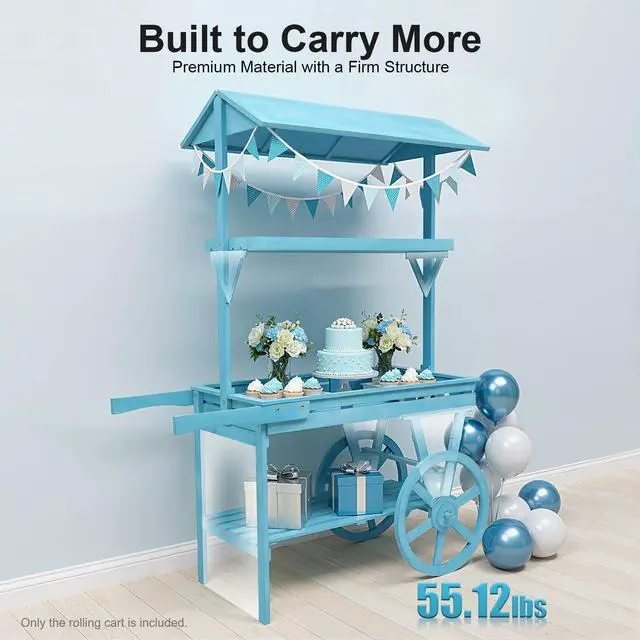 Alt view image 3 of 6 - Candy Cart Display Stand, Flower Cart Stand with Wheels, Large Country Market Wooden Rolling Table Carts for Display Flower Candy Party Favors and Crafted Items, Easy to Assemble (Blue2)