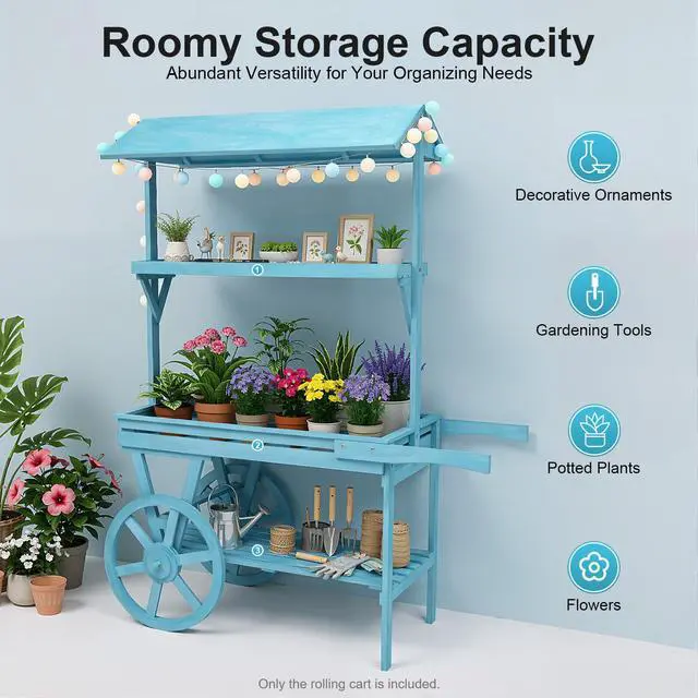 Alt view image 4 of 6 - Candy Cart Display Stand, Flower Cart Stand with Wheels, Large Country Market Wooden Rolling Table Carts for Display Flower Candy Party Favors and Crafted Items, Easy to Assemble (Blue2)