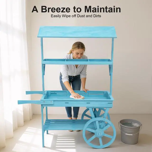 Alt view image 5 of 6 - Candy Cart Display Stand, Flower Cart Stand with Wheels, Large Country Market Wooden Rolling Table Carts for Display Flower Candy Party Favors and Crafted Items, Easy to Assemble (Blue2)