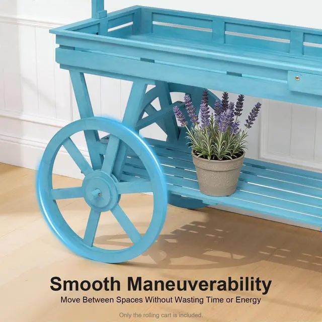 Alt view image 6 of 6 - Candy Cart Display Stand, Flower Cart Stand with Wheels, Large Country Market Wooden Rolling Table Carts for Display Flower Candy Party Favors and Crafted Items, Easy to Assemble (Blue2)