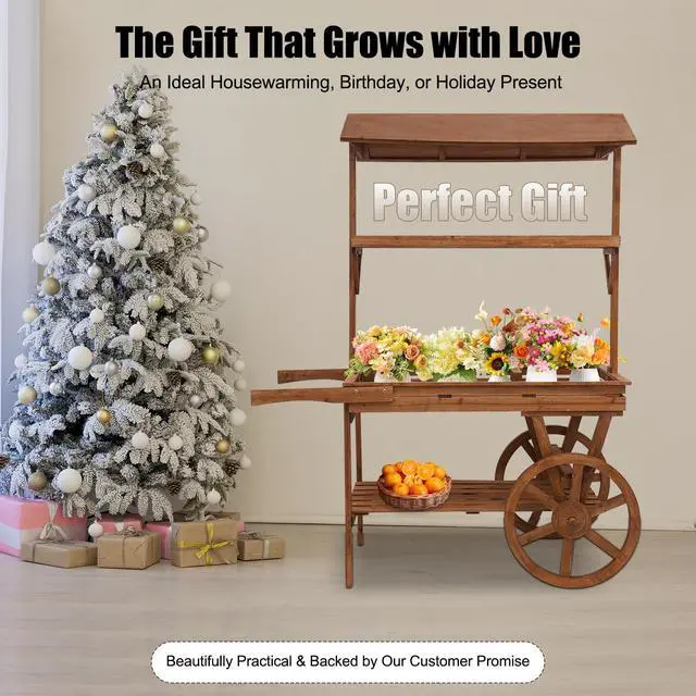 Alt view image 2 of 6 - Candy Cart Display Stand, Flower Cart Stand with Wheels, Large Country Market Wooden Rolling Table Carts for Display Flower Candy Party Favors and Crafted Items, Easy to Assemble (Brown)