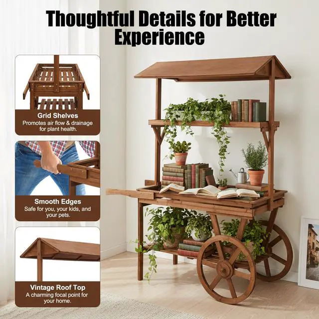 Alt view image 3 of 6 - Candy Cart Display Stand, Flower Cart Stand with Wheels, Large Country Market Wooden Rolling Table Carts for Display Flower Candy Party Favors and Crafted Items, Easy to Assemble (Brown)