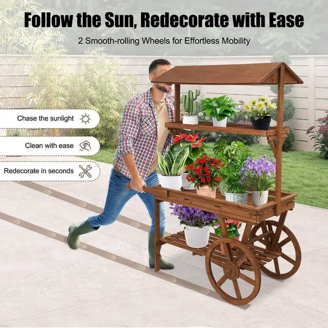 Alt view image 4 of 6 - Candy Cart Display Stand, Flower Cart Stand with Wheels, Large Country Market Wooden Rolling Table Carts for Display Flower Candy Party Favors and Crafted Items, Easy to Assemble (Brown)