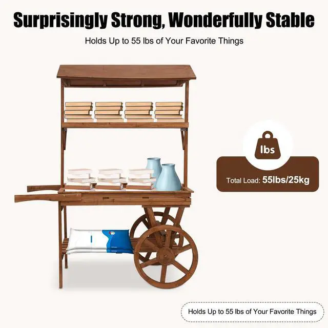 Alt view image 5 of 6 - Candy Cart Display Stand, Flower Cart Stand with Wheels, Large Country Market Wooden Rolling Table Carts for Display Flower Candy Party Favors and Crafted Items, Easy to Assemble (Brown)