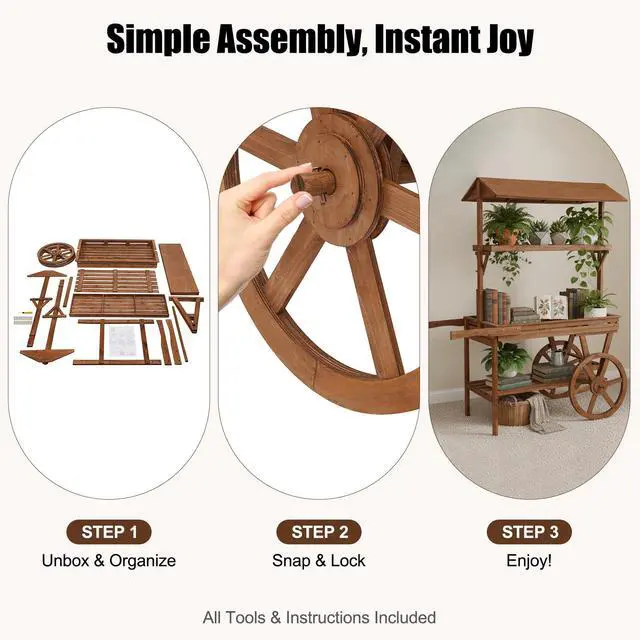 Alt view image 6 of 6 - Candy Cart Display Stand, Flower Cart Stand with Wheels, Large Country Market Wooden Rolling Table Carts for Display Flower Candy Party Favors and Crafted Items, Easy to Assemble (Brown)