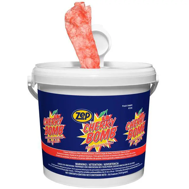 Alt view image 2 of 6 - Cherry Bomb Hand Cleaner Towels - 130 Towels Per Bucket (Case Of 4) 346601 Removes Stubborn Industrial Soils Such As Grease, Tar, Ink, Paints and More