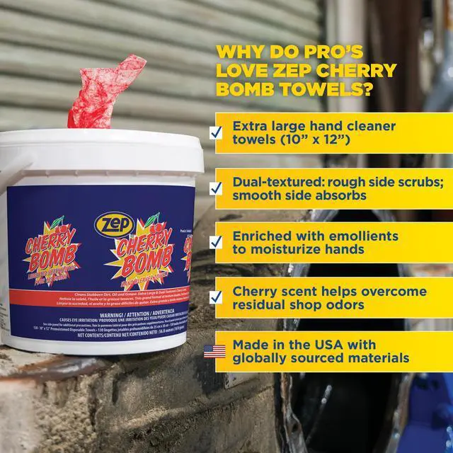 Alt view image 4 of 6 - Cherry Bomb Hand Cleaner Towels - 130 Towels Per Bucket (Case Of 4) 346601 Removes Stubborn Industrial Soils Such As Grease, Tar, Ink, Paints and More