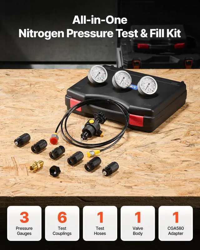 Alt view image 2 of 6 - Hydraulic Nitrogen Accumulator Charging Kit, All-in-One Nitrogen Fill Kit, Pressure Test System with 3 Gauges (1500, 4000, 6000 PSI), 6 Adapters Couplings, 1 Gas Hose, 1 Valve, 1 CGA580 Adapter