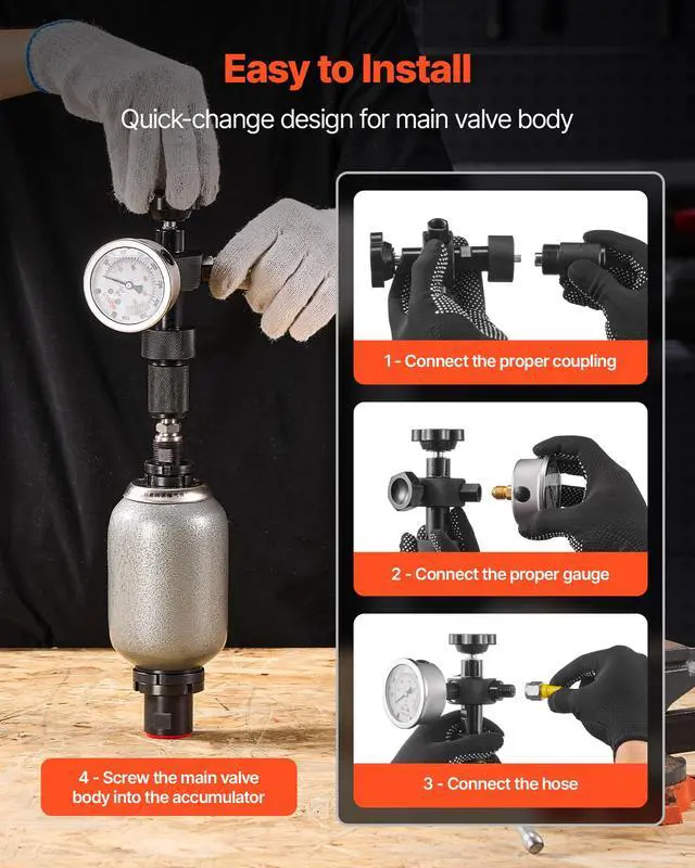 Alt view image 3 of 6 - Hydraulic Nitrogen Accumulator Charging Kit, All-in-One Nitrogen Fill Kit, Pressure Test System with 3 Gauges (1500, 4000, 6000 PSI), 6 Adapters Couplings, 1 Gas Hose, 1 Valve, 1 CGA580 Adapter