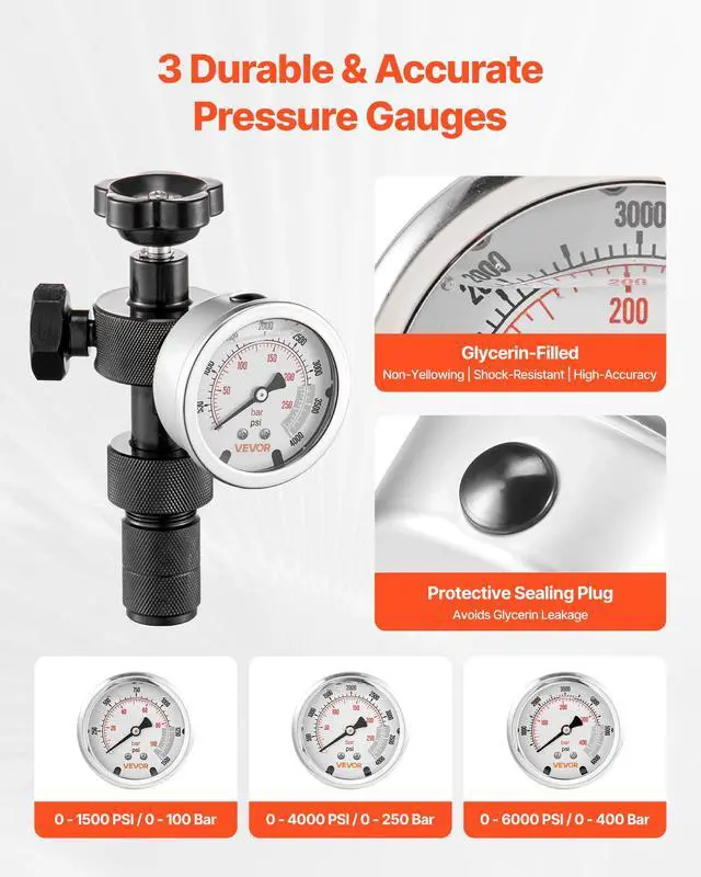 Alt view image 4 of 6 - Hydraulic Nitrogen Accumulator Charging Kit, All-in-One Nitrogen Fill Kit, Pressure Test System with 3 Gauges (1500, 4000, 6000 PSI), 6 Adapters Couplings, 1 Gas Hose, 1 Valve, 1 CGA580 Adapter
