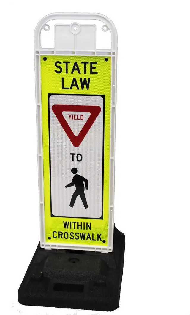 Main image of YIELD TO PEDESTRIAN, MUTCD COMPLIANT. Crossing Sign for School Zone/Crosswalks - U-Frame & 37lb U-Base (Sign and base ship separately) (Fluorescent Yellow-Green, YIELD TO PEDESTRIAN)