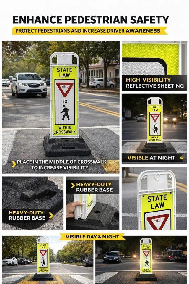 Alt view image 3 of 5 - YIELD TO PEDESTRIAN, MUTCD COMPLIANT. Crossing Sign for School Zone/Crosswalks - U-Frame & 37lb U-Base (Sign and base ship separately) (Fluorescent Yellow-Green, YIELD TO PEDESTRIAN)