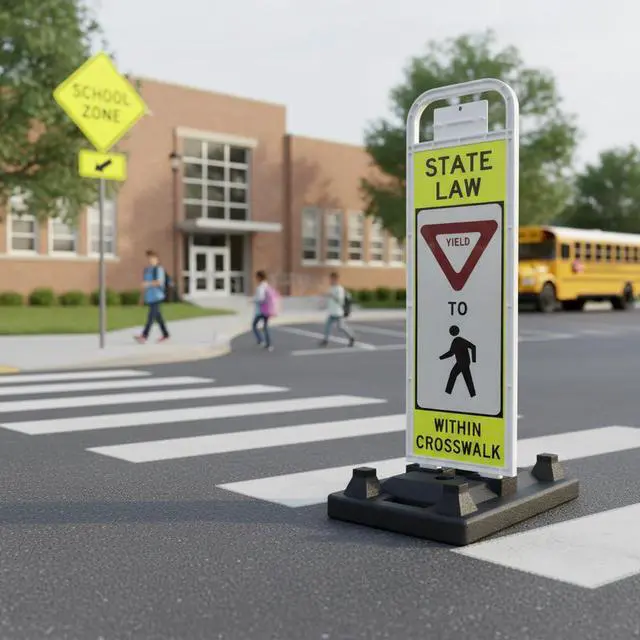Alt view image 5 of 5 - YIELD TO PEDESTRIAN, MUTCD COMPLIANT. Crossing Sign for School Zone/Crosswalks - U-Frame & 37lb U-Base (Sign and base ship separately) (Fluorescent Yellow-Green, YIELD TO PEDESTRIAN)