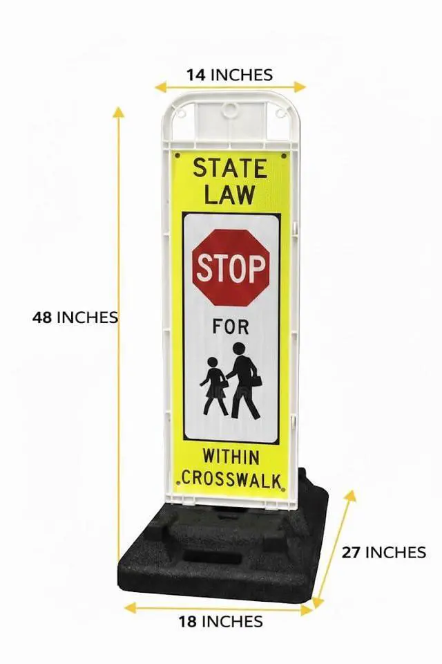 Alt view image 3 of 5 - STOP FOR PEDESTRIANS, MUTCD COMPLIANT. Crossing Sign for School Zone/Crosswalks - U-Frame & 37lb U-Base (Sign and base ship separately) (Fluorescent Yellow-Green, STOP FOR PEDESTRIANS)