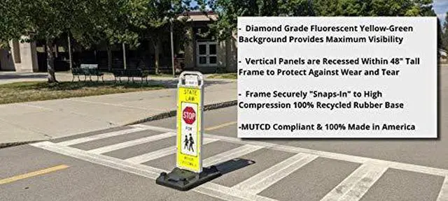 Alt view image 4 of 5 - STOP FOR PEDESTRIANS, MUTCD COMPLIANT. Crossing Sign for School Zone/Crosswalks - U-Frame & 37lb U-Base (Sign and base ship separately) (Fluorescent Yellow-Green, STOP FOR PEDESTRIANS)