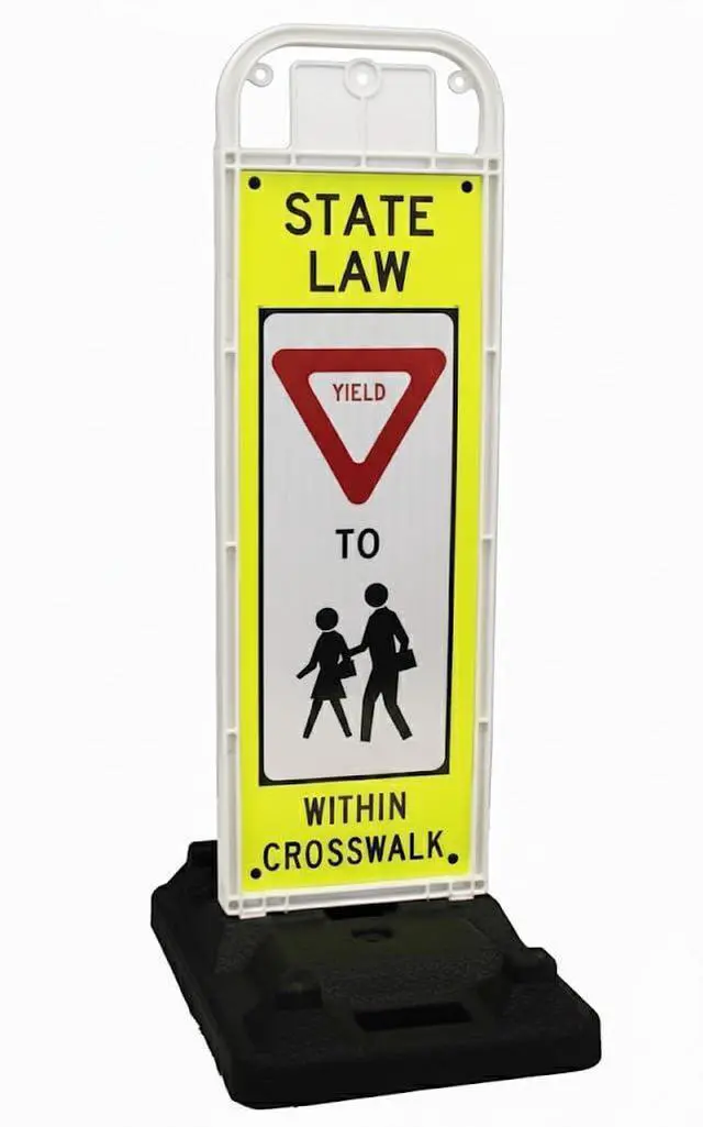 Main image of YIELD TO PEDESTRIANS, MUTCD COMPLIANT. Crossing Sign for School Zone/Crosswalks - U-Frame & 37lb U-Base (Sign and base ship separately) (Fluorescent Yellow-Green, YIELD TO PEDESTRIANS)