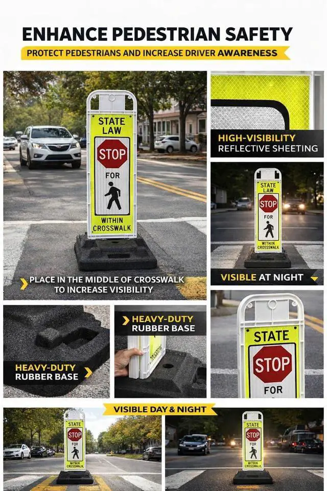 Alt view image 3 of 4 - STOP FOR PEDESTRIAN, MUTCD COMPLIANT. Crossing Sign for School Zone/Crosswalks - U-Frame & 37lb U-Base (Sign and base ship separately)