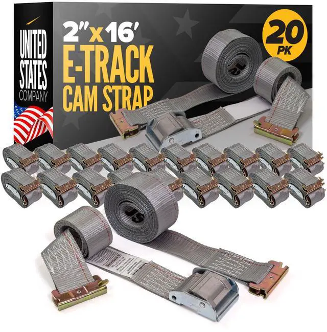 Main image of E Track Cam Buckle Straps (20-Pack), 2 Inch x 16 Foot E Track Straps with Cam Buckle and Spring E-Fittings, 2,500 LBS Break Strength, Easy-to-Use Tiedowns in Vans and Trailers
