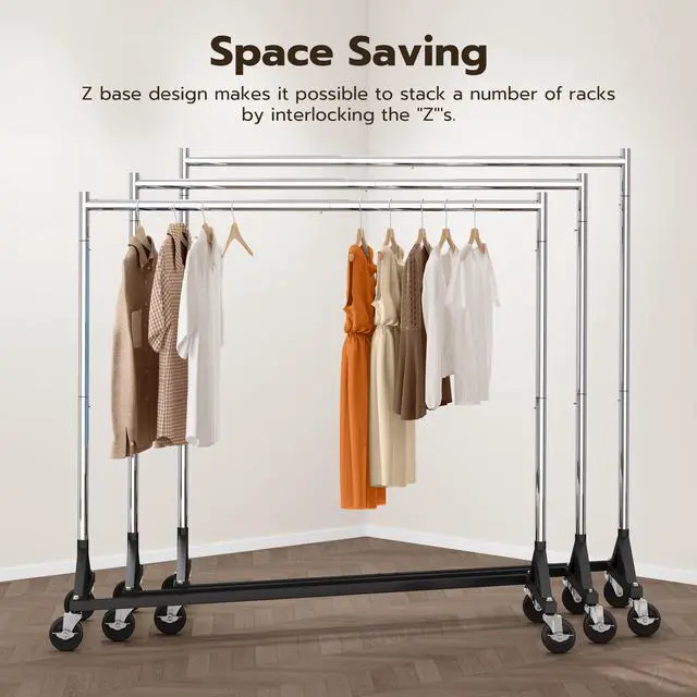 Alt view image 4 of 6 - Z Rack for Clothes Heavy Duty Clothing Rack Hold 500 LBS Commercial Garment Rack with Wheels Rolling Portable Clothes Rack for Bedroom, Laundry Room, Balcony 24" D x 63" W x 71" H, 2 Packs
