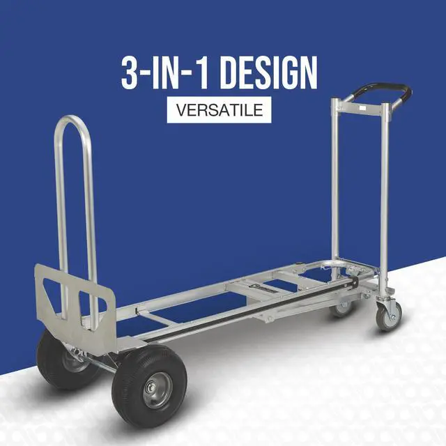 Alt view image 3 of 6 - 3-in-1 Aluminum Hand Truck and Platform Cart, 550 Lb Upright and 770 Lb Platform Capacity, 10 in. Pneumatic Wheels, Plate Extender, 18 in. x 7.5 in. Toe Plate, 18.11 in. x 20.08 in. x 52.56