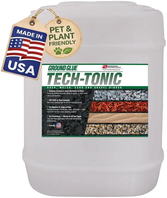 Main image of Ground Glue Tech-Tonic Landscape Adhesive, 5 Gallon Tote, for Rock, Mulch, and Sand, Weatherproof Long-Lasting Stabilizer for Trails & Slopes, Pet-Safe Binder for Pea Gravel, Bark & Flower Beds