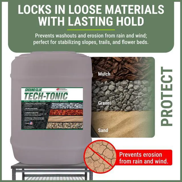 Alt view image 2 of 6 - Ground Glue Tech-Tonic Landscape Adhesive, 5 Gallon Tote, for Rock, Mulch, and Sand, Weatherproof Long-Lasting Stabilizer for Trails & Slopes, Pet-Safe Binder for Pea Gravel, Bark & Flower Beds