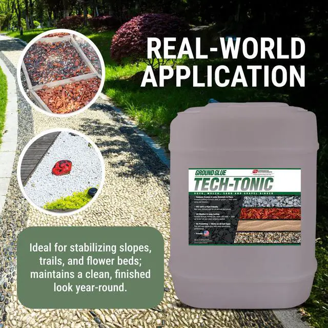 Alt view image 3 of 6 - Ground Glue Tech-Tonic Landscape Adhesive, 5 Gallon Tote, for Rock, Mulch, and Sand, Weatherproof Long-Lasting Stabilizer for Trails & Slopes, Pet-Safe Binder for Pea Gravel, Bark & Flower Beds