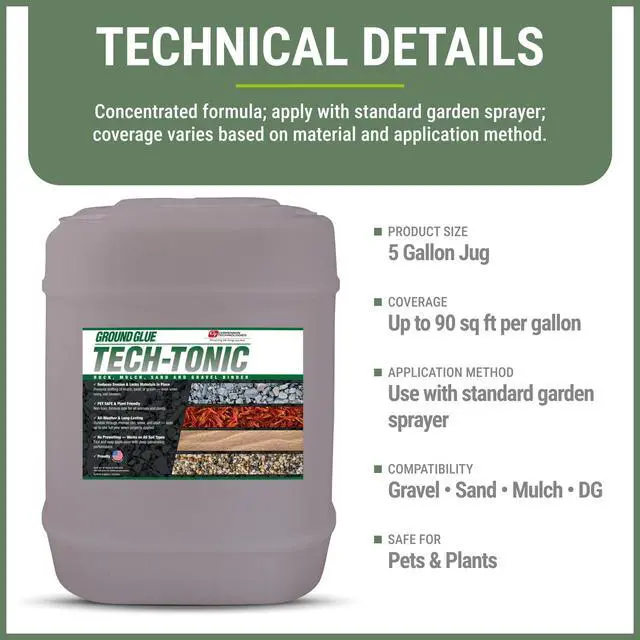 Alt view image 5 of 6 - Ground Glue Tech-Tonic Landscape Adhesive, 5 Gallon Tote, for Rock, Mulch, and Sand, Weatherproof Long-Lasting Stabilizer for Trails & Slopes, Pet-Safe Binder for Pea Gravel, Bark & Flower Beds