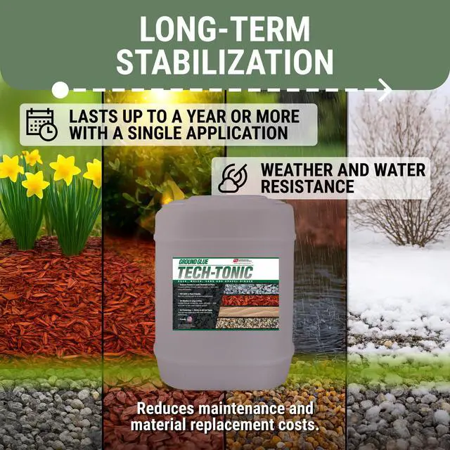 Alt view image 6 of 6 - Ground Glue Tech-Tonic Landscape Adhesive, 5 Gallon Tote, for Rock, Mulch, and Sand, Weatherproof Long-Lasting Stabilizer for Trails & Slopes, Pet-Safe Binder for Pea Gravel, Bark & Flower Beds