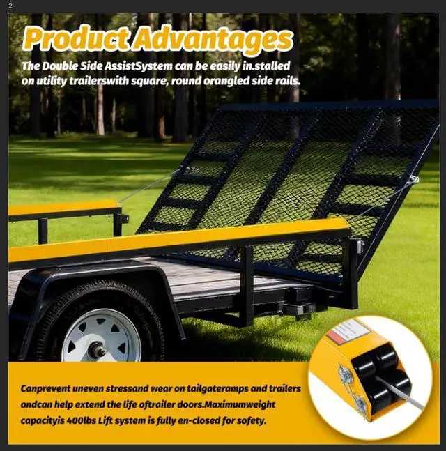 Alt view image 3 of 6 - Tailgate Utility Trailer Gate Lift Assist System, Heavy Duty 2-Sided Lift Assist for 4-6 ft Tailgates, 400 lb Capacity, Easy 30 Min Installation, Yellow