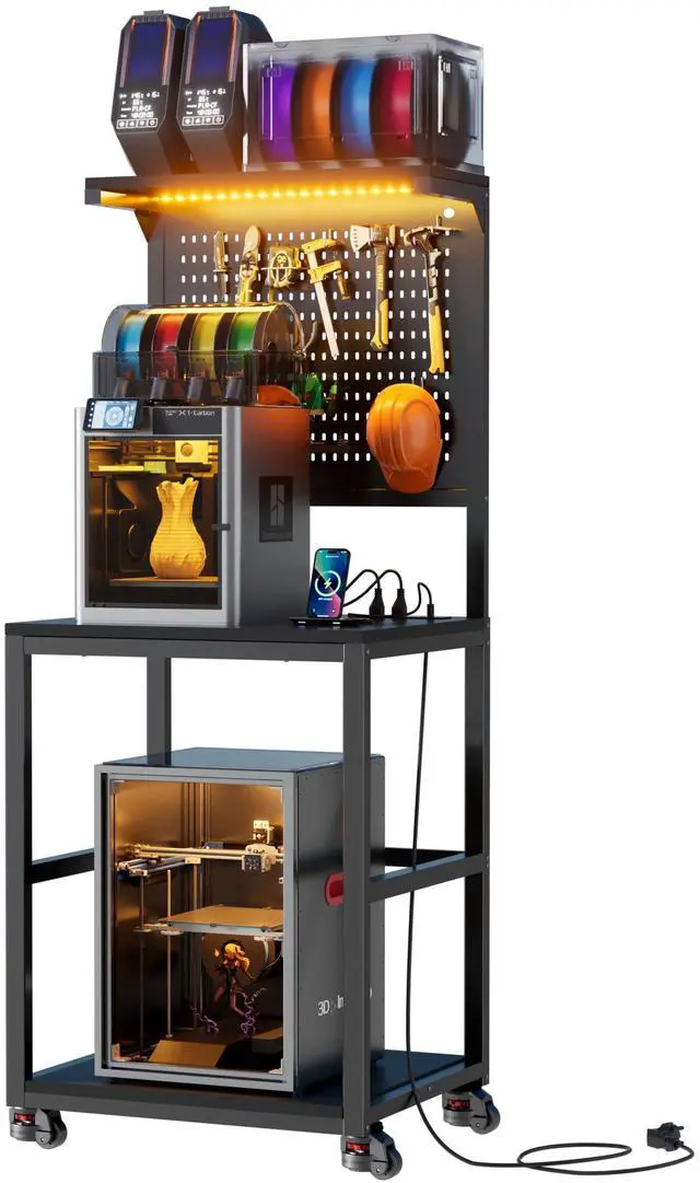 Main image of 3D Printer Stand with Filament Storage Workbench,3D Printer Table with Charging Station & LED Lights,Heavy Duty Rolling Printer Desk with Pegboard for Workshop,Office,Garage,Black