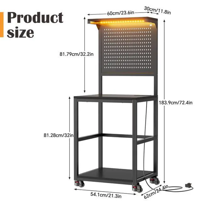 Alt view image 2 of 6 - 3D Printer Stand with Filament Storage Workbench,3D Printer Table with Charging Station & LED Lights,Heavy Duty Rolling Printer Desk with Pegboard for Workshop,Office,Garage,Black