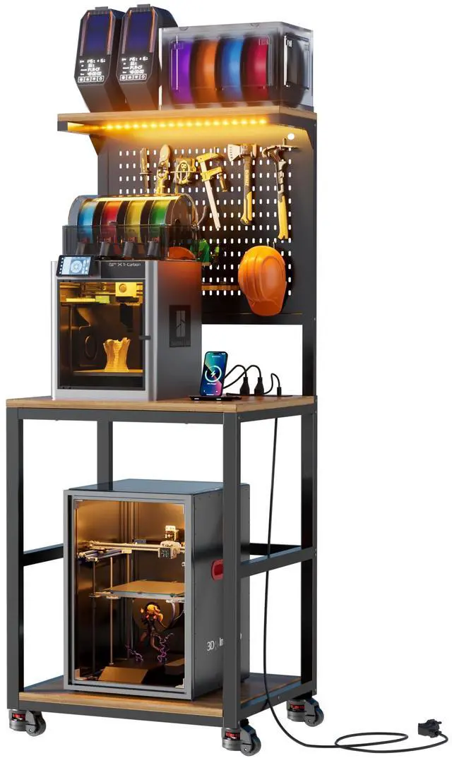 Main image of 3D Printer Stand with Filament Storage Workbench,3D Printer Table with Charging Station & LED Lights,Heavy Duty Rolling Printer Desk with Pegboard for Workshop,Office,Garage,Brown