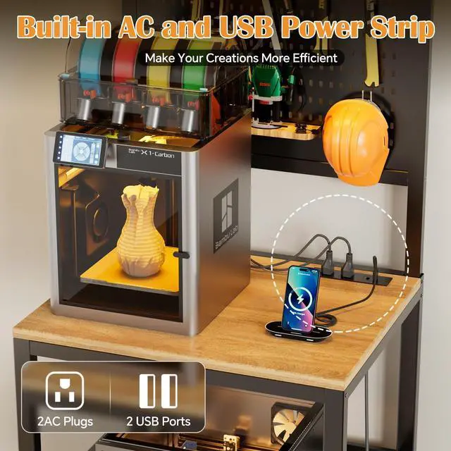 Alt view image 5 of 6 - 3D Printer Stand with Filament Storage Workbench,3D Printer Table with Charging Station & LED Lights,Heavy Duty Rolling Printer Desk with Pegboard for Workshop,Office,Garage,Brown