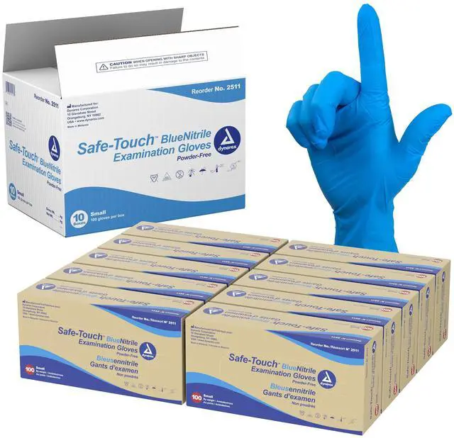 Main image of Safe-Touch Disposable Nitrile Exam Gloves, Powder-Free, Latex-Free, Touchscreen Friendly, Blue, Small, 1 Case - 10 Boxes of 100 Safe-Touch Disposable Nitrile Exam Gloves