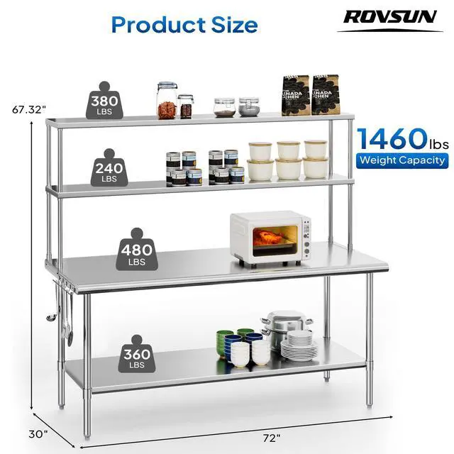 Alt view image 2 of 6 - Stainless Steel Table with Overshelves 72" X 30", NSF Commercial Heavy Duty with Adjustable Undershelf & Detachable Hooks, Metal Prep Table for Kitchen, Restaurant, Home, Hotel