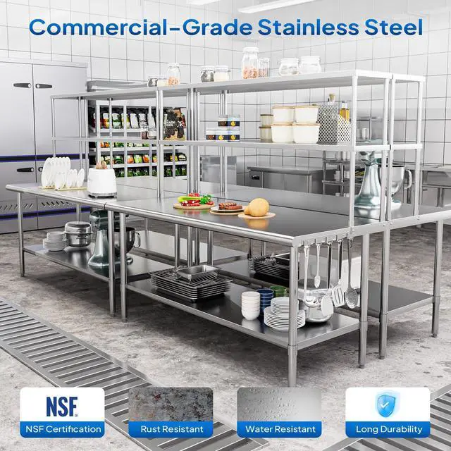 Alt view image 3 of 6 - Stainless Steel Table with Overshelves 72" X 30", NSF Commercial Heavy Duty with Adjustable Undershelf & Detachable Hooks, Metal Prep Table for Kitchen, Restaurant, Home, Hotel