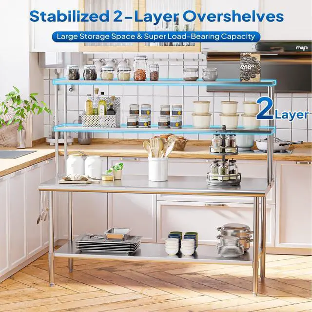 Alt view image 4 of 6 - Stainless Steel Table with Overshelves 72" X 30", NSF Commercial Heavy Duty with Adjustable Undershelf & Detachable Hooks, Metal Prep Table for Kitchen, Restaurant, Home, Hotel