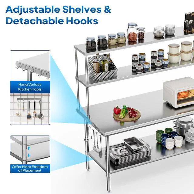 Alt view image 5 of 6 - Stainless Steel Table with Overshelves 72" X 30", NSF Commercial Heavy Duty with Adjustable Undershelf & Detachable Hooks, Metal Prep Table for Kitchen, Restaurant, Home, Hotel